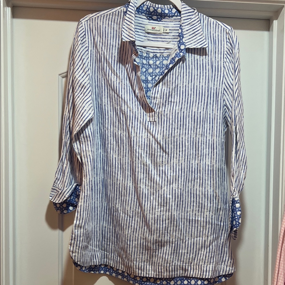Vineyard Vines Blue and White Striped Popover Shirt with Patterned Trim